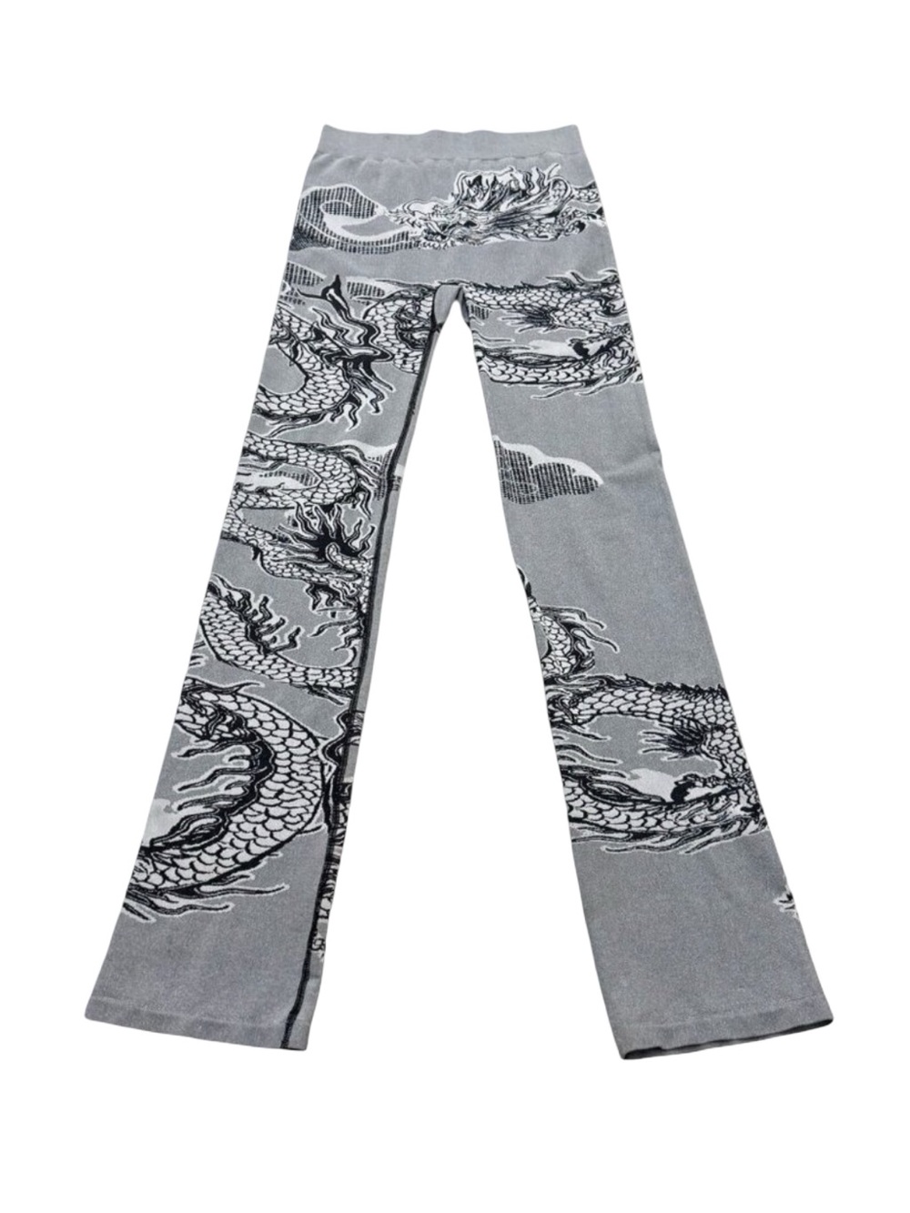 Y2K LAPP Dragon Print Flare Leggings Grey Black Stretch Alt Grunge Cyber